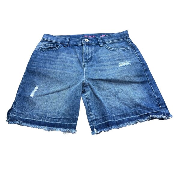 Childrens Place Girls Midi Denim Shorts Size 12 With Distressed Details - Picture 1 of 8